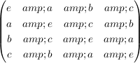 $ \pmat{e & a & b & c \\ a & e & c & b \\ b & c & e & a \\ c & b & a & e} $ $ \pmat{e & a & b & c \\ a & e & c & b \\ b & c & e & a \\ c & b & a & e} $
