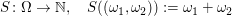 $ S\colon\Omega\to\IN,\quad S((\omega_1,\omega_2)):=\omega_1+\omega_2 $ $ S\colon\Omega\to\IN,\quad S((\omega_1,\omega_2)):=\omega_1+\omega_2 $