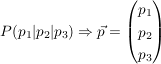 $ P (p_1|p_2|p_3) \Rightarrow \vec{p} = \vektor{p_1\\p_2\\p_3} $ $ P (p_1|p_2|p_3) \Rightarrow \vec{p} = \vektor{p_1\\p_2\\p_3} $