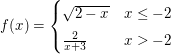 $ f(x)=\begin{cases} \sqrt{2-x} & x\le-2\\
\frac{2}{x+3} & x>-2 \end{cases} $ $ f(x)=\begin{cases} \sqrt{2-x} & x\le-2\\
\frac{2}{x+3} & x>-2 \end{cases} $