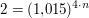 $ 2 = (1{,}015)^{4\cdot{}n} $ $ 2 = (1{,}015)^{4\cdot{}n} $