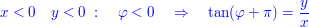 $ \qquad \blue{x<0\quad y<0\ :\quad \varphi<0\quad \Rightarrow\quad \tan(\varphi+\pi)=\bruch{y}{x}} $ $ \qquad \blue{x<0\quad y<0\ :\quad \varphi<0\quad \Rightarrow\quad \tan(\varphi+\pi)=\bruch{y}{x}} $