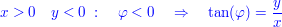 $ \qquad \blue{x>0\quad y<0\ :\quad \varphi<0\quad \Rightarrow\quad \tan(\varphi)=\bruch{y}{x}} $ $ \qquad \blue{x>0\quad y<0\ :\quad \varphi<0\quad \Rightarrow\quad \tan(\varphi)=\bruch{y}{x}} $